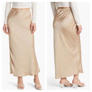 Open Edit Satin Slip Maxi Skirt in Natural Beige Bias Cut Pull On Women's XS